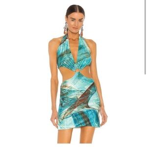 Farai London Gaia Mini Halter Dress in Ocean Blue, size XS